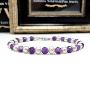 10k Solid White Gold Genuine Amethyst & Freshwater Pearl Bracelet (7.5 inch)